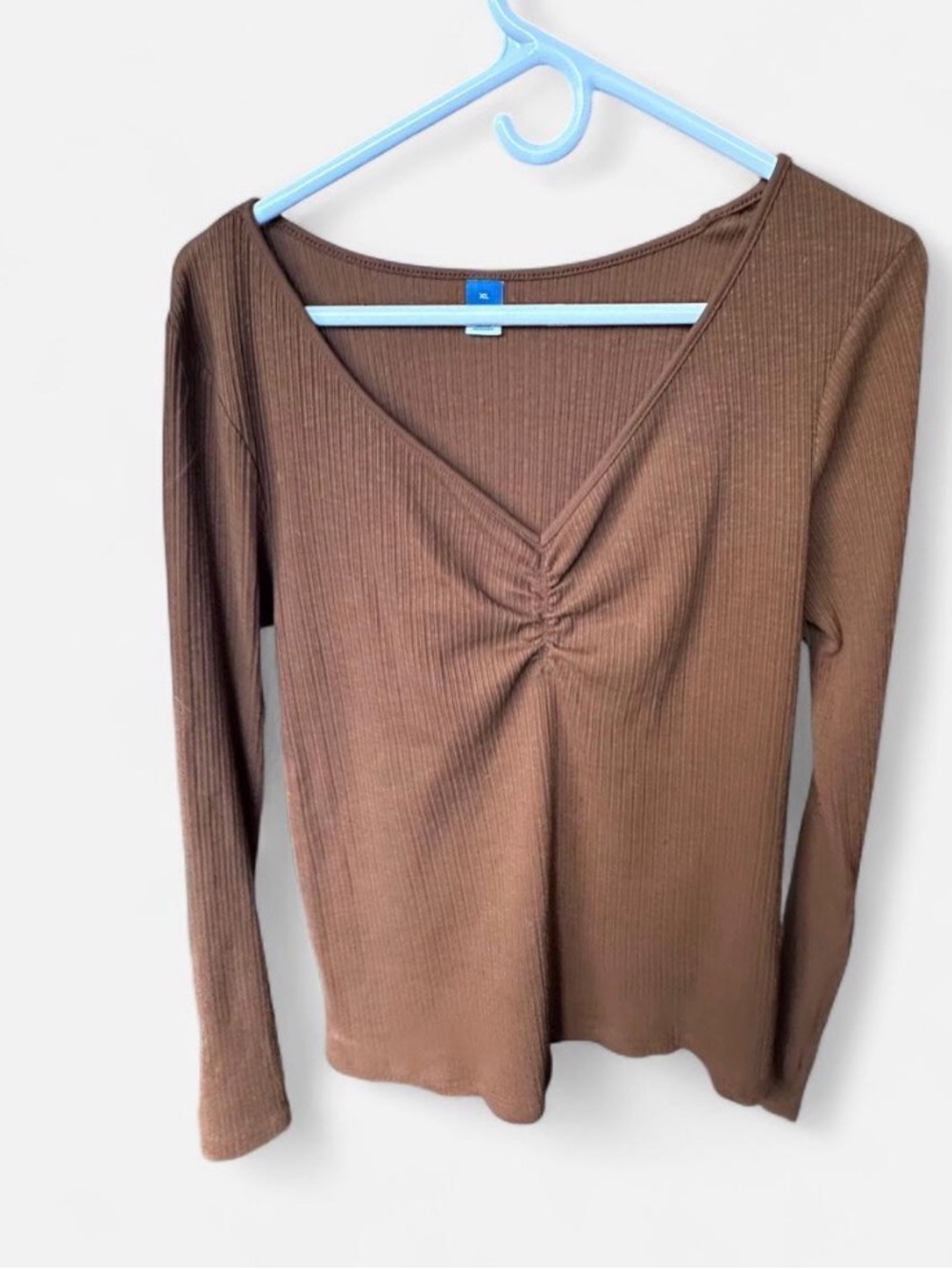 Old Navy Brown Ribbed Long Sleeve V-Neck Top with Front Gather